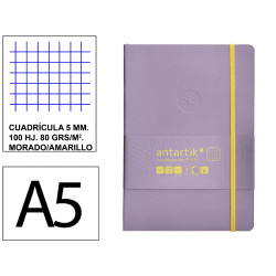Cuaderno encolado, cantos pintados, tapa blanda símil piel antartik notes, din a5, 100 hj. 80 grs/m². 5x5 s/m. morado/amarillo