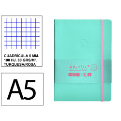 Cuaderno encolado, cantos pintados, tapa blanda símil piel antartik notes, din a5, 100 hj. 80 grs/m². 5x5 s/m. turquesa/rosa