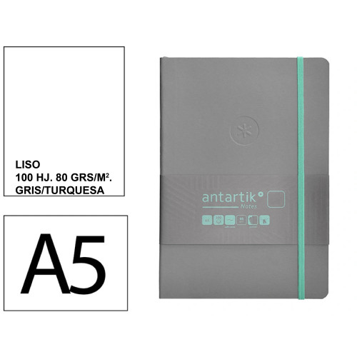 Cuaderno encolado, cantos pintados, tapa blanda símil piel antartik notes, din a5, 100 hj. 80 grs/m². liso s/m. gris/turquesa