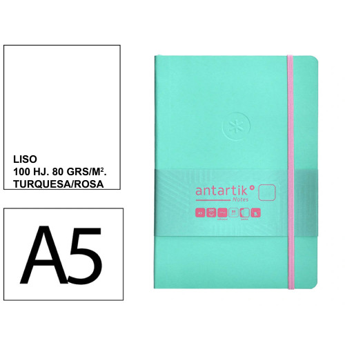 Cuaderno encolado, cantos pintados, tapa blanda símil piel antartik notes, din a5, 100 hj. 80 grs/m². liso s/m. turquesa/rosa