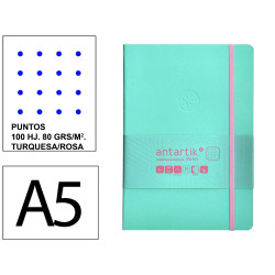 Cuaderno encolado, cantos pintados, tapa blanda símil piel antartik notes, din a5, 100 hj. 80 grs/m². puntos s/m. turquesa/rosa
