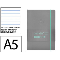 Cuaderno encolado tapa blanda símil piel antartik notes, din a5, 100 hj. 80 grs/m². rayado horizontal s/m. gris/turquesa