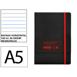 Cuaderno encolado tapa blanda símil piel antartik notes, din a5, 100 hj. 80 grs/m². rayado horizontal s/m. negro/rojo