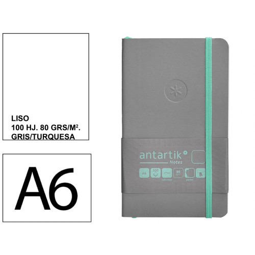 Cuaderno encolado, cantos pintados, tapa blanda símil piel antartik notes, din a6, 100 hj. 80 grs/m². liso s/m. gris/turquesa