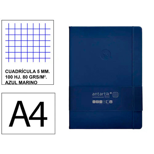 Cuaderno encolado tapa blanda símil piel antartik notes, din a4, 100 hj. 80 grs/m². 5x5 s/m. azul marino