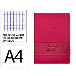 Cuaderno encolado tapa blanda símil piel antartik notes, din a4, 100 hj. 80 grs/m². 5x5 s/m. burdeos