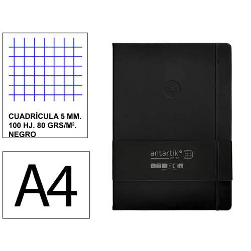 Cuaderno encolado tapa blanda símil piel antartik notes, din a4, 100 hj. 80 grs/m². 5x5 s/m. negro