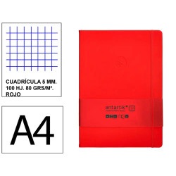 Cuaderno encolado tapa blanda símil piel antartik notes, din a4, 100 hj. 80 grs/m². 5x5 s/m. rojo