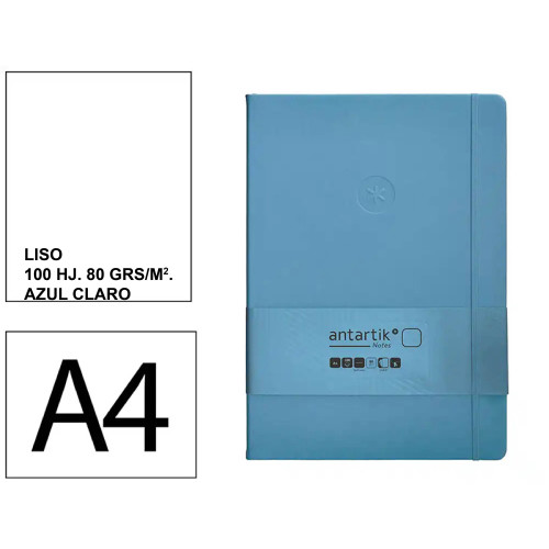 Cuaderno encolado tapa blanda símil piel antartik notes, din a4, 100 hj. 80 grs/m². liso s/m. azul claro