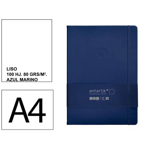 Cuaderno encolado tapa blanda símil piel antartik notes, din a4, 100 hj. 80 grs/m². liso s/m. azul marino