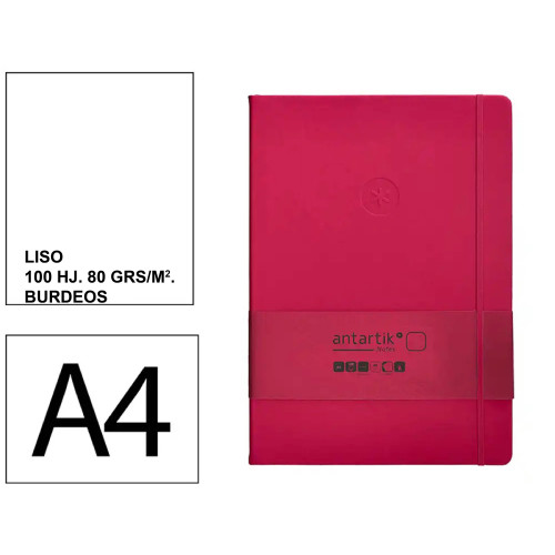 Cuaderno encolado tapa blanda símil piel antartik notes, din a4, 100 hj. 80 grs/m². liso s/m. burdeos
