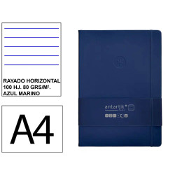 Cuaderno encolado tapa blanda símil piel antartik notes, din a4, 100 hj. 80 grs/m². rayado horizontal s/m. azul marino