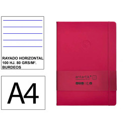Cuaderno encolado tapa blanda símil piel antartik notes, din a4, 100 hj. 80 grs/m². rayado horizontal s/m. burdeos