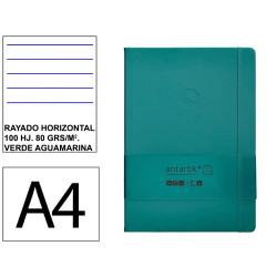 Cuaderno encolado tapa blanda símil piel antartik notes, din a4, 100 hj. 80 grs/m². rayado horizontal s/m. verde aguamarina