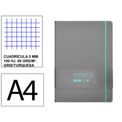 Cuaderno encolado, cantos pintados, tapa blanda símil piel antartik notes, din a4, 100 hj. 80 grs/m². 5x5 s/m. gris/turquesa