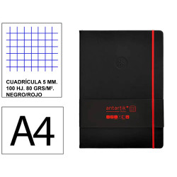 Cuaderno encolado, cantos pintados, tapa blanda símil piel antartik notes, din a4, 100 hj. 80 grs/m². 5x5 s/m. negro/rojo