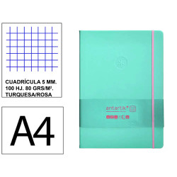 Cuaderno encolado, cantos pintados, tapa blanda símil piel antartik notes, din a4, 100 hj. 80 grs/m². 5x5 s/m. turquesa/rosa
