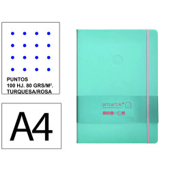 Cuaderno encolado, cantos pintados, tapa blanda símil piel antartik notes, din a4, 100 hj. 80 grs/m². puntos s/m. turquesa/rosa