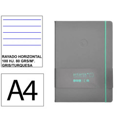 Cuaderno encolado tapa blanda símil piel antartik notes, din a4, 100 hj. 80 grs/m². rayado horizontal s/m. gris/turquesa