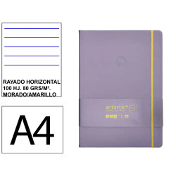Cuaderno encolado tapa blanda símil piel antartik notes, din a4, 100 hj. 80 grs/m². rayado horizontal s/m. morado/amarillo