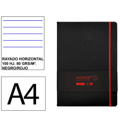 Cuaderno encolado tapa blanda símil piel antartik notes, din a4, 100 hj. 80 grs/m². rayado horizontal s/m. negro/rojo
