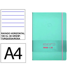 Cuaderno encolado tapa blanda símil piel antartik notes, din a4, 100 hj. 80 grs/m². rayado horizontal s/m. turquesa/rosa