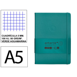 Cuaderno encolado tapa dura símil piel antartik notes, din a5, 100 hj. 80 grs/m². 5x5 s/m. verde aguamarina