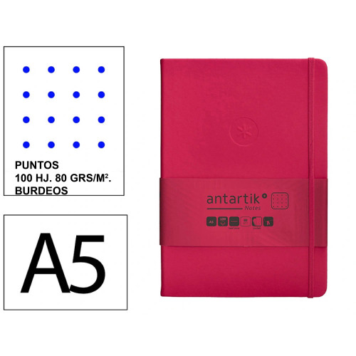 Cuaderno encolado tapa dura símil piel antartik notes, din a5, 100 hj. 80 grs/m². puntos s/m. burdeos