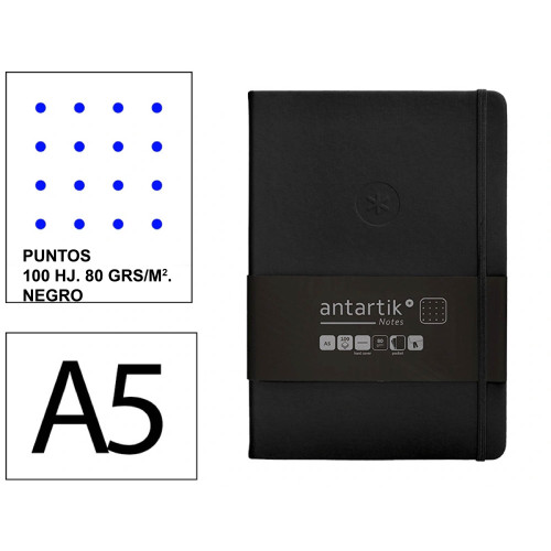 Cuaderno encolado tapa dura símil piel antartik notes, din a5, 100 hj. 80 grs/m². puntos s/m. negro