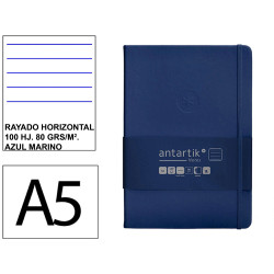 Cuaderno encolado tapa dura símil piel antartik notes, din a5, 100 hj. 80 grs/m². rayado horizontal s/m. azul marino