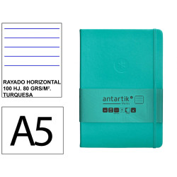 Cuaderno encolado tapa dura símil piel antartik notes, din a5, 100 hj. 80 grs/m². rayado horizontal s/m. turquesa