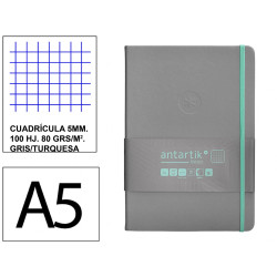 Cuaderno encolado, cantos pintados, tapa dura símil piel antartik notes, din a5, 100 hj. 80 grs/m². 5x5 s/m. gris/turquesa