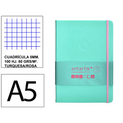 Cuaderno encolado, cantos pintados, tapa dura símil piel antartik notes, din a5, 100 hj. 80 grs/m². 5x5 s/m. turquesa/rosa