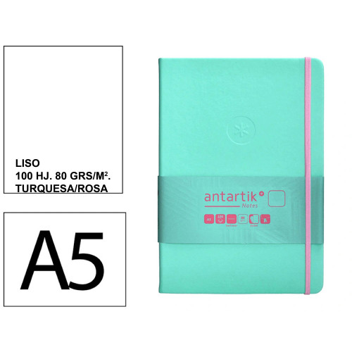 Cuaderno encolado, cantos pintados, tapa dura símil piel antartik notes, din a5, 100 hj. 80 grs/m². liso s/m. turquesa/rosa