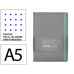 Cuaderno encolado, cantos pintados, tapa dura símil piel antartik notes, din a5, 100 hj. 80 grs/m². puntos s/m. gris/turquesa