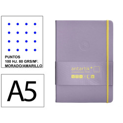 Cuaderno encolado, cantos pintados, tapa dura símil piel antartik notes, din a5, 100 hj. 80 grs/m². puntos s/m. morado/amarillo