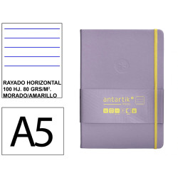 Cuaderno encolado tapa dura símil piel antartik notes, din a5, 100 hj. 80 grs/m². rayado horizontal s/m. morado/amarillo