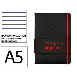 Cuaderno encolado tapa dura símil piel antartik notes, din a5, 100 hj. 80 grs/m². rayado horizontal s/m. negro/rojo