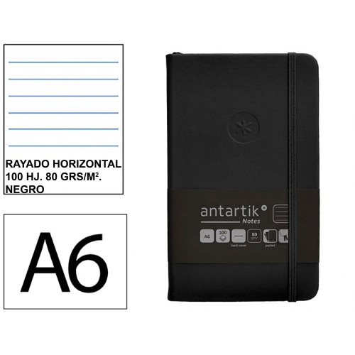 Cuaderno encolado tapa dura símil piel antartik notes, din a6, 100 hj. 80 grs/m². rayado horizontal s/m. negro