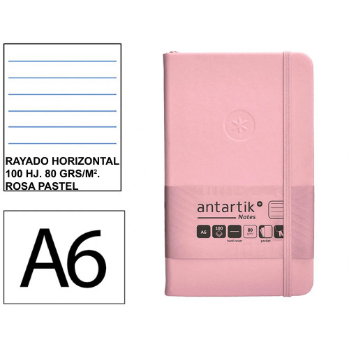 Cuaderno encolado tapa dura símil piel antartik notes, din a6, 100 hj. 80 grs/m². rayado horizontal s/m. rosa pastel