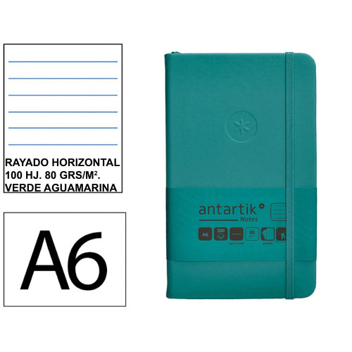 Cuaderno encolado tapa dura símil piel antartik notes, din a6, 100 hj. 80 grs/m². rayado horizontal s/m. verde aguamarina