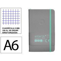 Cuaderno encolado, cantos pintados, tapa dura símil piel antartik notes, din a6, 100 hj. 80 grs/m². 5x5 s/m. gris/turquesa