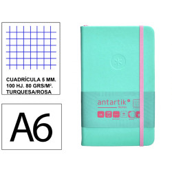 Cuaderno encolado, cantos pintados, tapa dura símil piel antartik notes, din a6, 100 hj. 80 grs/m². 5x5 s/m. turquesa/rosa