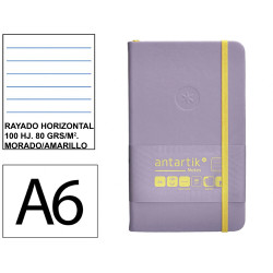 Cuaderno encolado tapa dura símil piel antartik notes, din a6, 100 hj. 80 grs/m². rayado horizontal s/m. morado/amarillo