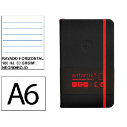 Cuaderno encolado tapa dura símil piel antartik notes, din a6, 100 hj. 80 grs/m². rayado horizontal s/m. negro/rojo