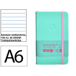 Cuaderno encolado tapa dura símil piel antartik notes, din a6, 100 hj. 80 grs/m². rayado horizontal s/m. turquesa/rosa