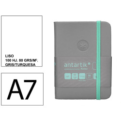 Cuaderno encolado, cantos pintados, tapa dura símil piel antartik notes, din a7, 80 hj. 80 grs/m². liso s/m. gris/turquesa