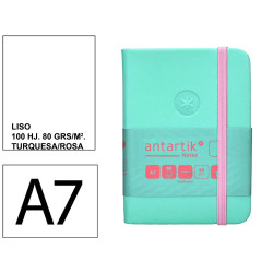 Cuaderno encolado, cantos pintados, tapa dura símil piel antartik notes, din a7, 80 hj. 80 grs/m². liso s/m. rosa/turquesa