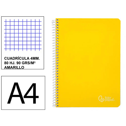 Cuaderno espiral tapa dura liderpapel serie witty, din a4, 80 hj. 90 grs/m². 4x4 c/m. amarillo