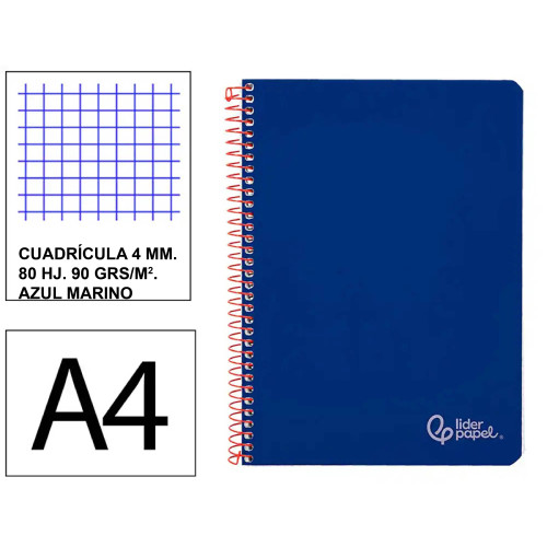 Cuaderno espiral tapa dura liderpapel serie witty, din a4, 80 hj. 90 grs/m². 4x4 c/m. azul marino
